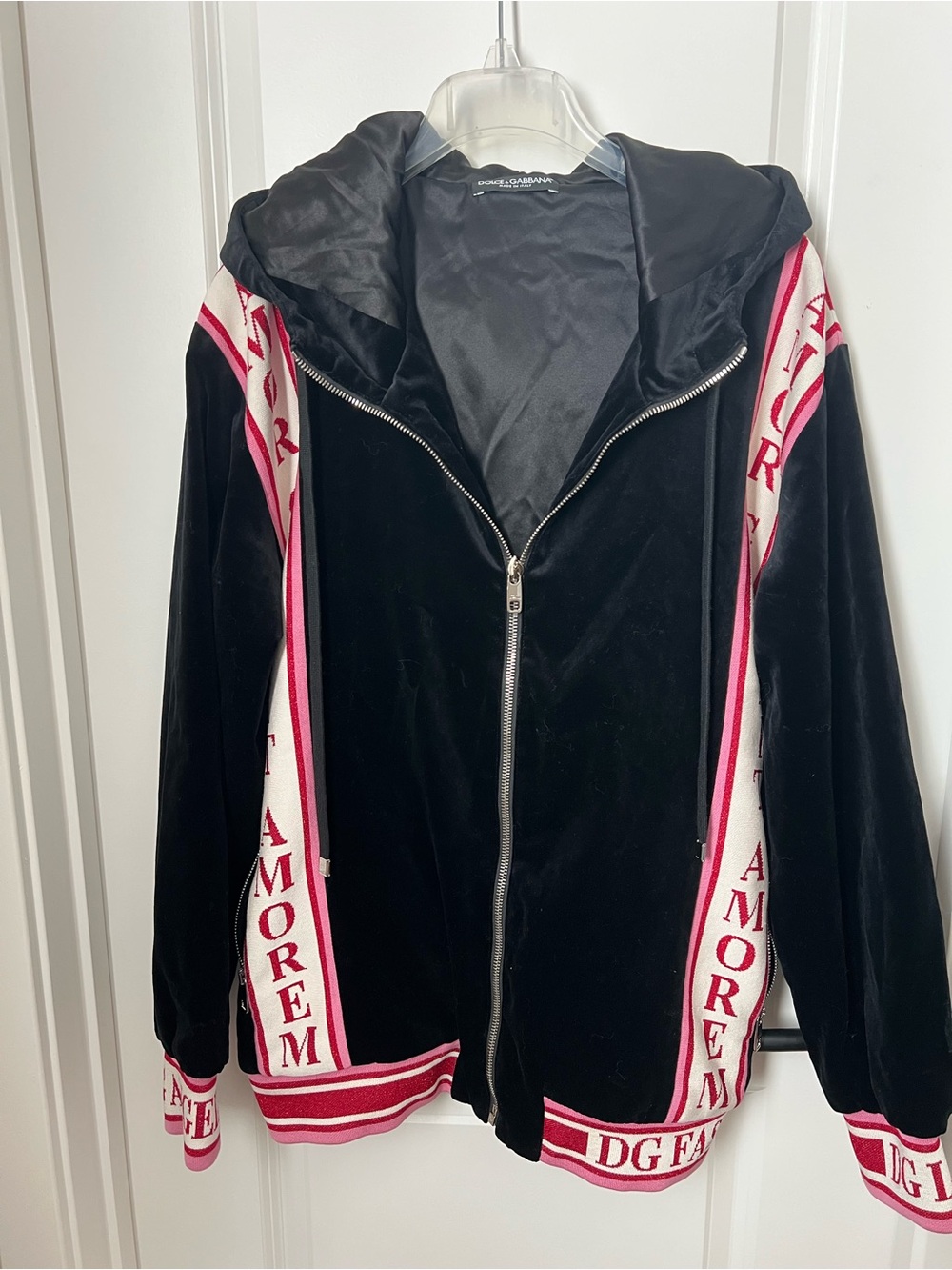 NWT Dolce & Gabbana Black Velvet Zip Hoodie with Pink and White Logo Trim